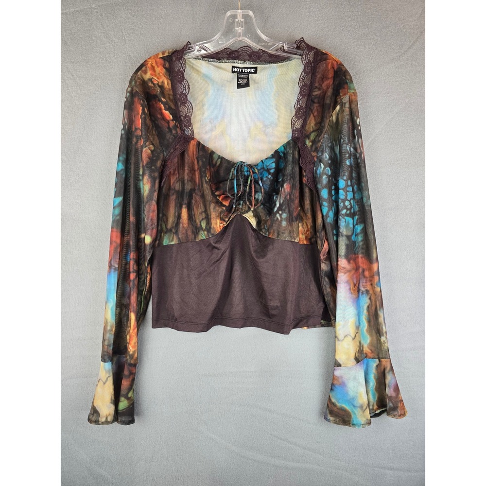 Hot Topic Mesh Top Womens 2XL Brown Abstract Lace Trim Bell Sleeve Fairy Grunge
